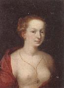 unknow artist A Young girl in a state of undress,wearing a burgundy mantle,and a gold chain and pendant oil on canvas